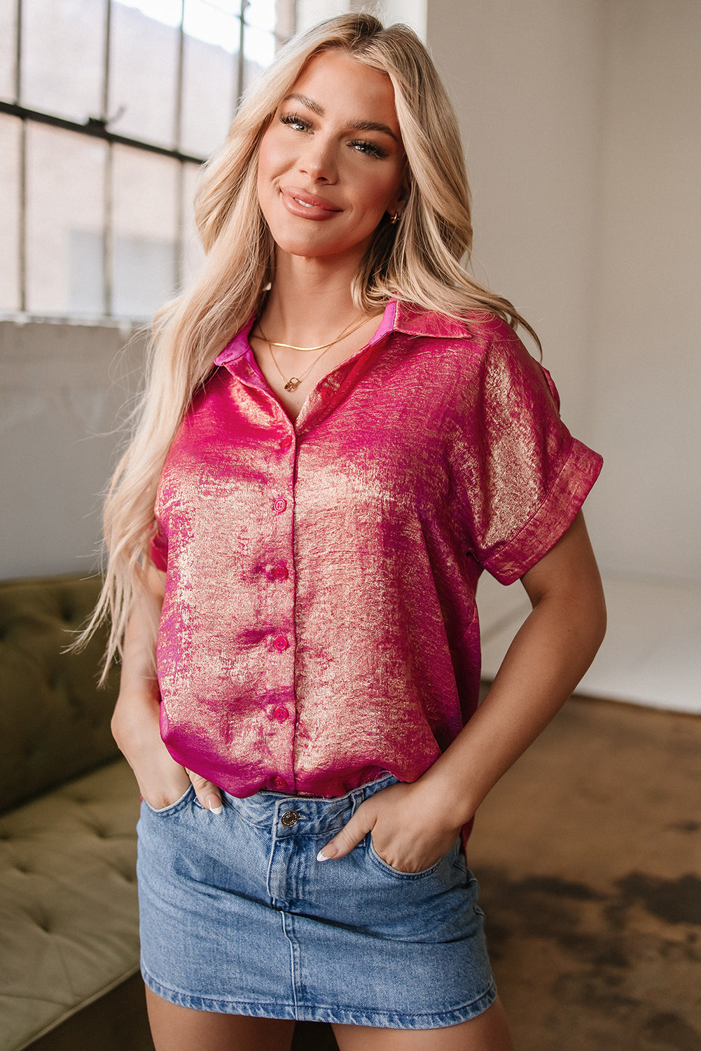 Rose Red Metallic Sheen Short Sleeve Buttoned Front Casual Shirt-Tops/Blouses & Shirts-[Adult]-[Female]-2022 Online Blue Zone Planet