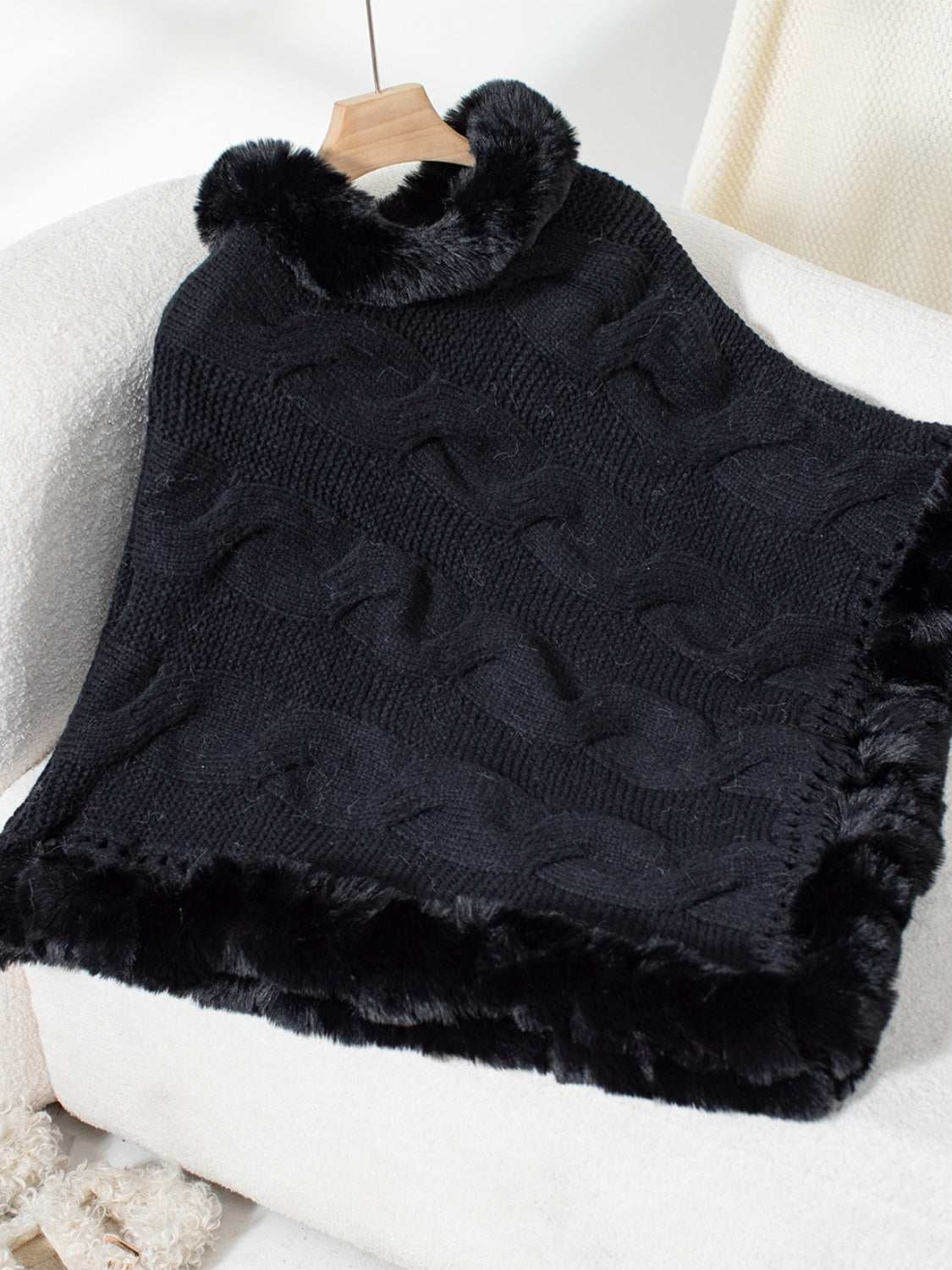 Fuzzy Hem Cable-Knit Poncho-TOPS / DRESSES-[Adult]-[Female]-Black-One Size-2022 Online Blue Zone Planet