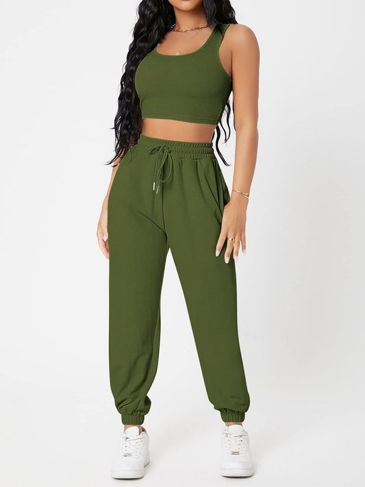 Wide Strap Top and Drawstring Joggers Set-TOPS / DRESSES-[Adult]-[Female]-Matcha Green-S-2022 Online Blue Zone Planet