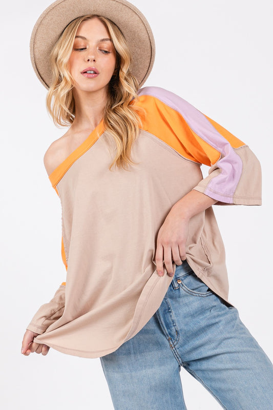 Blue Zone Planet | SAGE + FIG Color Block Curved Hem T-Shirt-TOPS / DRESSES-[Adult]-[Female]-Latte-S-2022 Online Blue Zone Planet