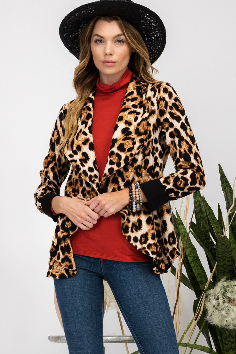 Celeste Full Size Leopard Open Front Long Sleeve Blazer-TOPS / DRESSES-[Adult]-[Female]-Leopard-S-2022 Online Blue Zone Planet