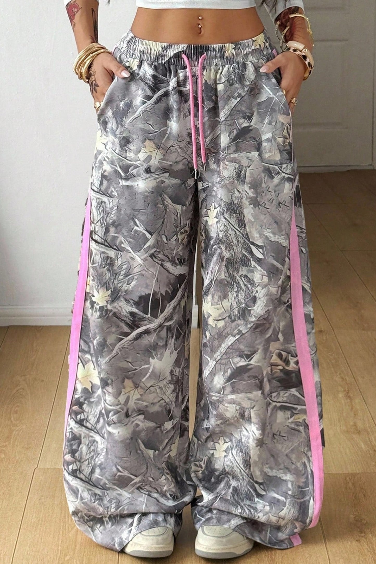 Gray Camo Woodland Print Color Block Detail Drawstring Wide Leg Sweatpants-Bottoms/Pants & Culotte-[Adult]-[Female]-Gray-S-2022 Online Blue Zone Planet