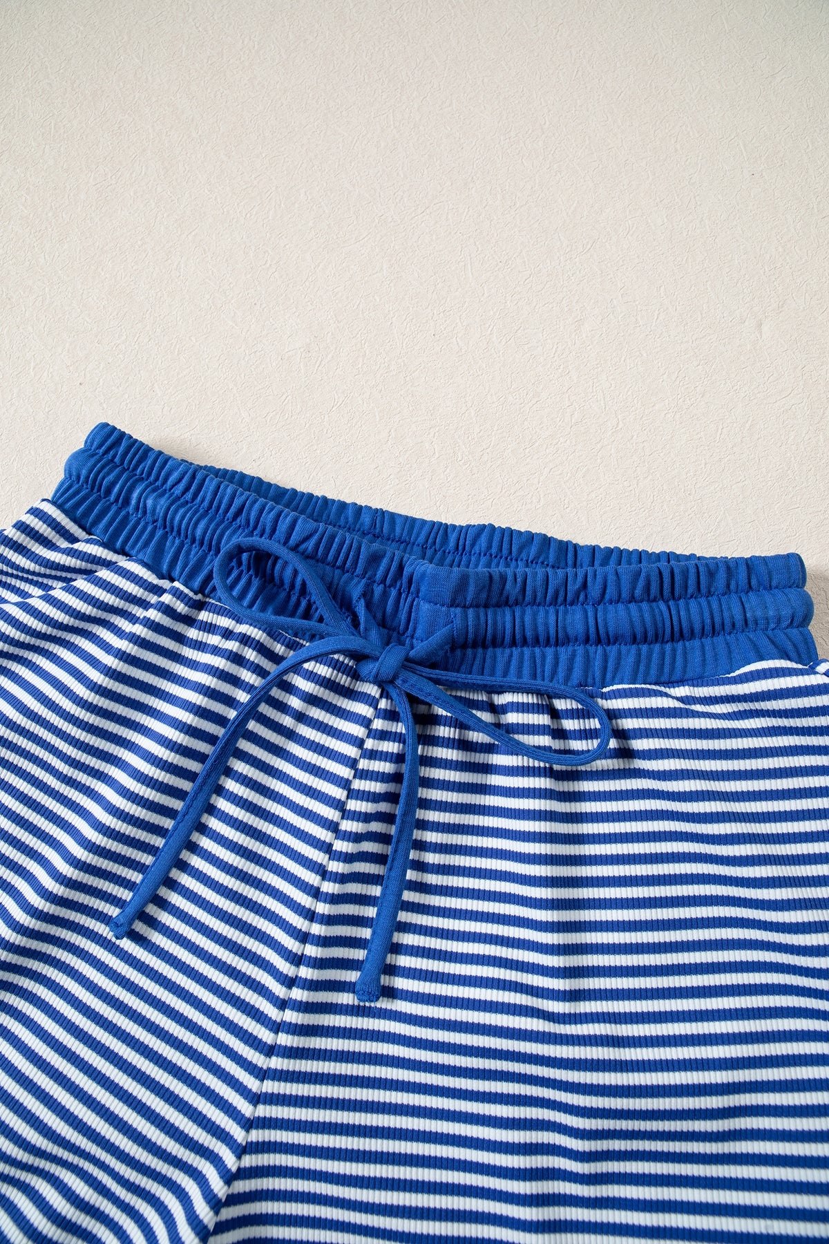 Blue Stripe Oversized Long Sleeve Top Drawstring Loose Shorts 2pcs Set-Two Piece Sets/Short Sets-[Adult]-[Female]-2022 Online Blue Zone Planet