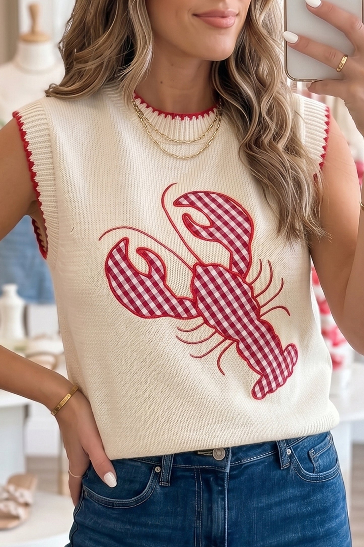 Beige Plaid Crawfish Crew Neck Knit Sweater Vest-TOPS / DRESSES-[Adult]-[Female]-2022 Online Blue Zone Planet