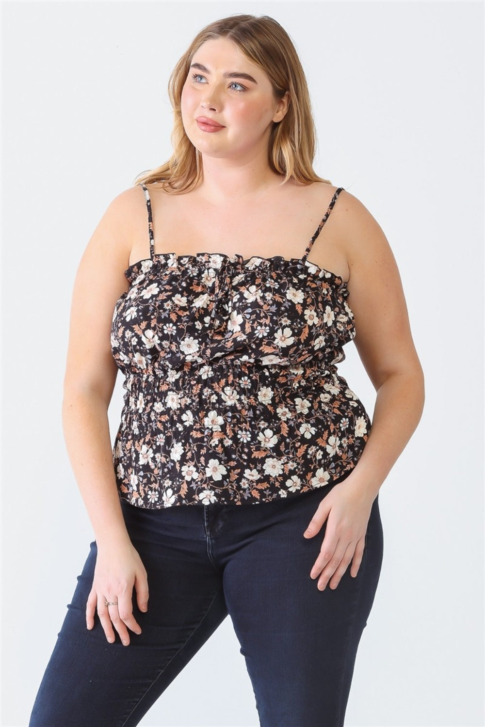 Blue Zone Planet | Zenobia Plus Size Frill Floral Square Neck Cami-TOPS / DRESSES-[Adult]-[Female]-Black-1XL-2022 Online Blue Zone Planet