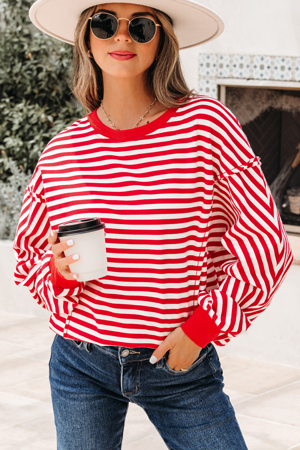 Orange Stripe Exposed Seam Drop Shoulder Casual Pullover Top-Tops/Long Sleeve Tops-[Adult]-[Female]-Red Stripe-S-2022 Online Blue Zone Planet