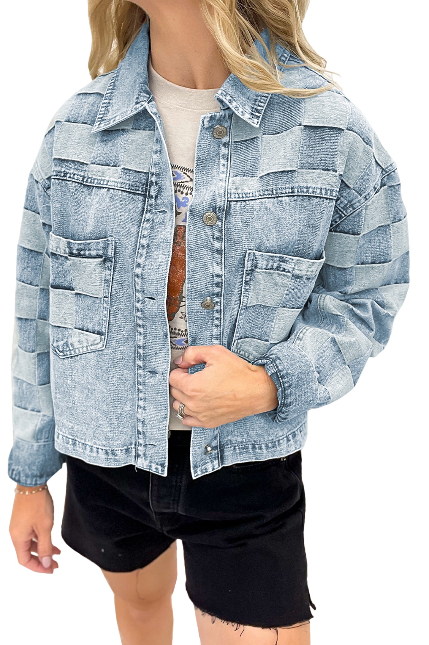 Beau Blue Denim Checkered Pattern Patchwork Womens Casual Jacket-Outerwear/Denim jackets-[Adult]-[Female]-2022 Online Blue Zone Planet