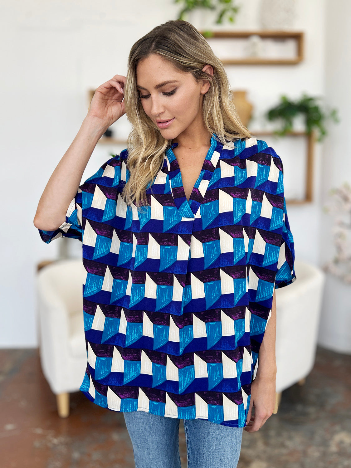 Double Take Full Size Geometric Notched Half Sleeve Blouse-TOPS / DRESSES-[Adult]-[Female]-2022 Online Blue Zone Planet