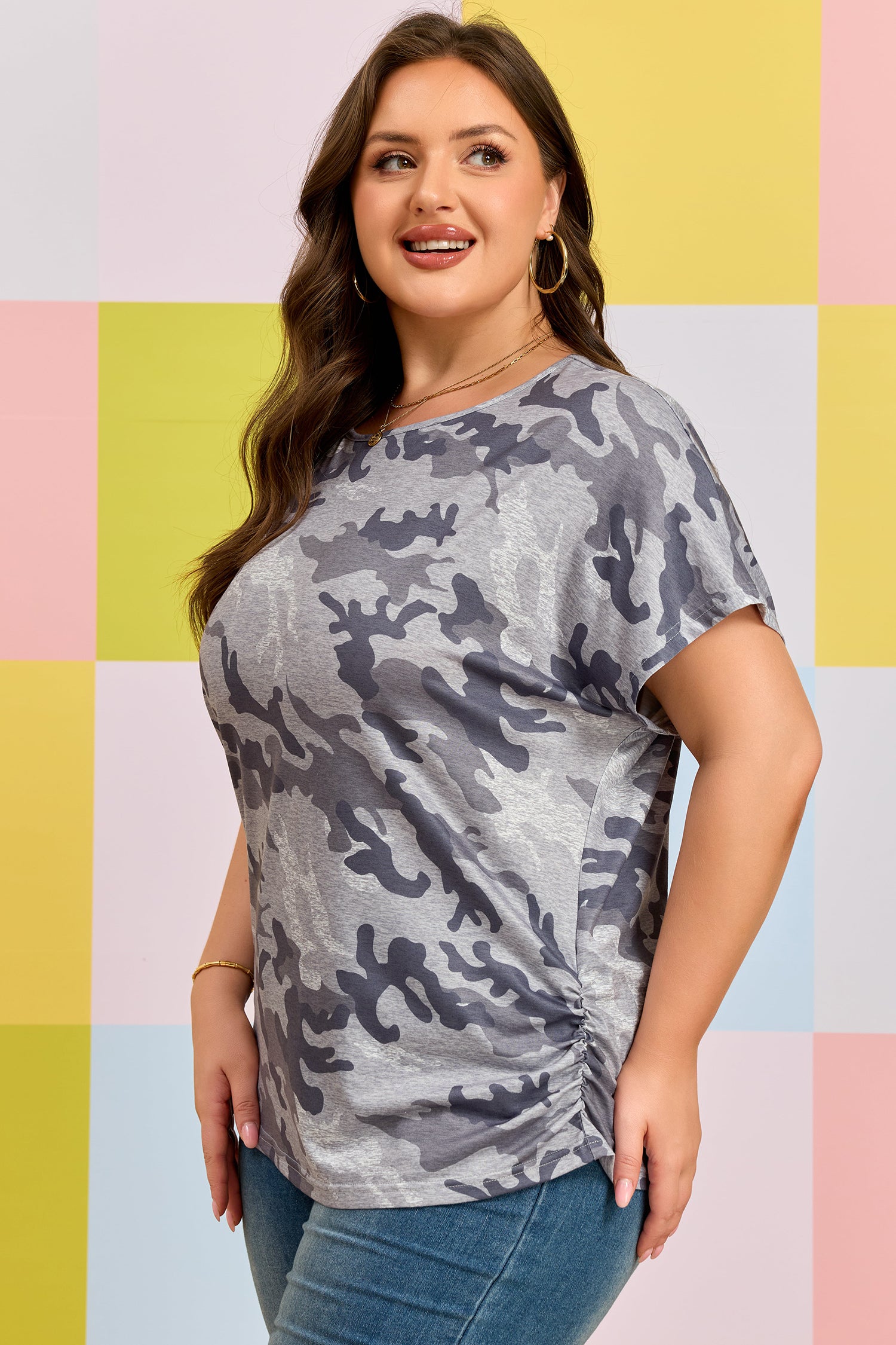 Gray Plus Size Camo Print Casual T Shirt-Plus Size/Plus Size Tops/Plus Size Tops & Tees-[Adult]-[Female]-2022 Online Blue Zone Planet
