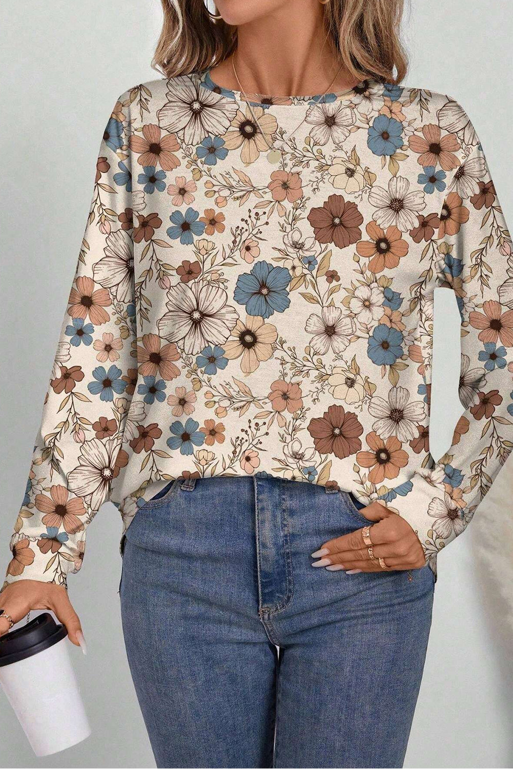 Khaki Allover Floral Print Crew Neck Long Sleeve Top-Long Sleeve Tops-[Adult]-[Female]-2022 Online Blue Zone Planet