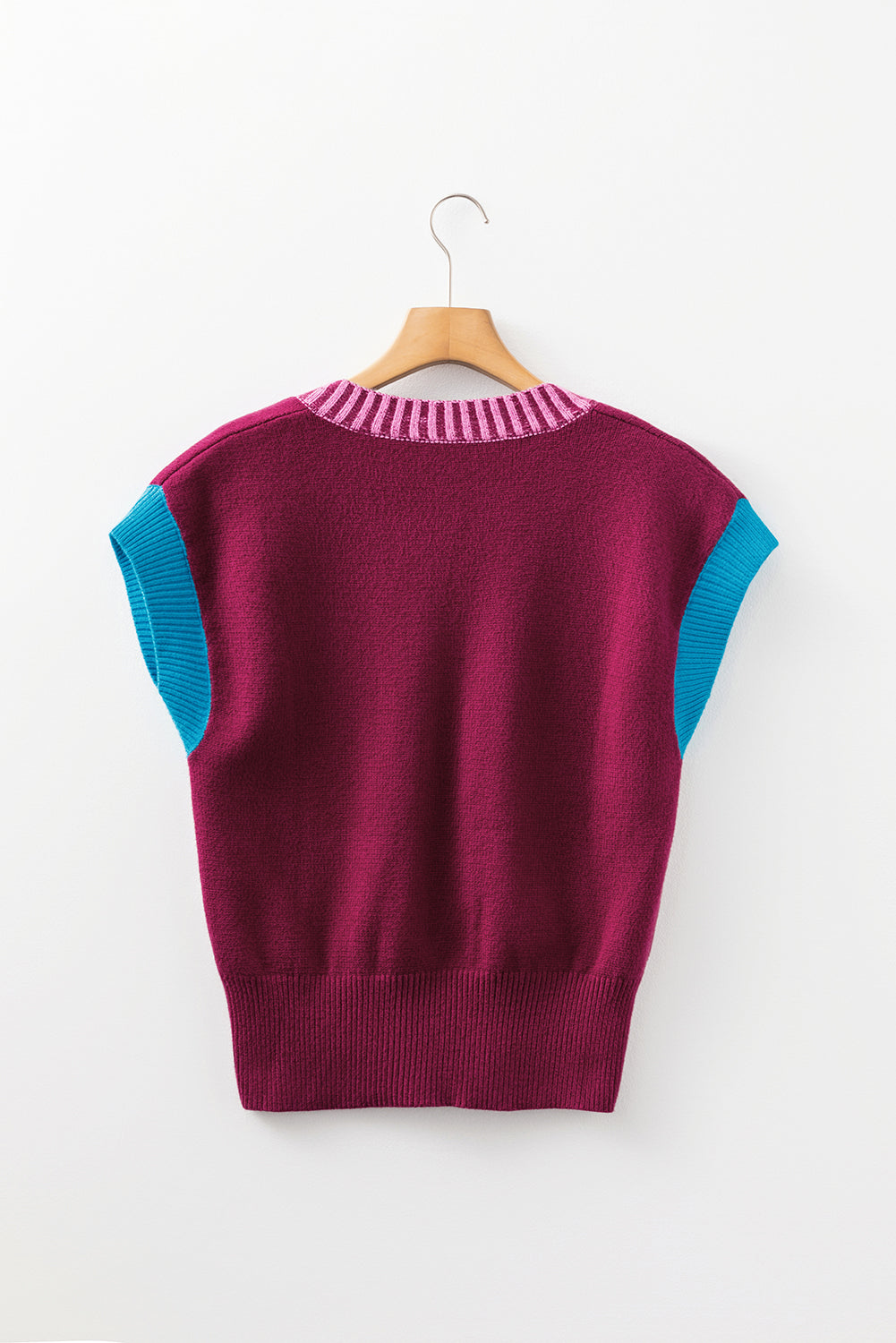 Burgundy Contrast Trim V Neck Cuffed Short Sleeve Loose Sweater-TOPS / DRESSES-[Adult]-[Female]-2022 Online Blue Zone Planet
