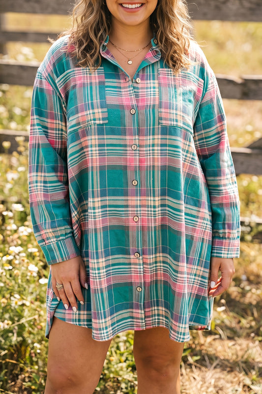 Green Plaid Button-Up Shift Long Sleeve V Neck Plus Size Dress-TOPS / DRESSES-[Adult]-[Female]-Green-1X-2022 Online Blue Zone Planet