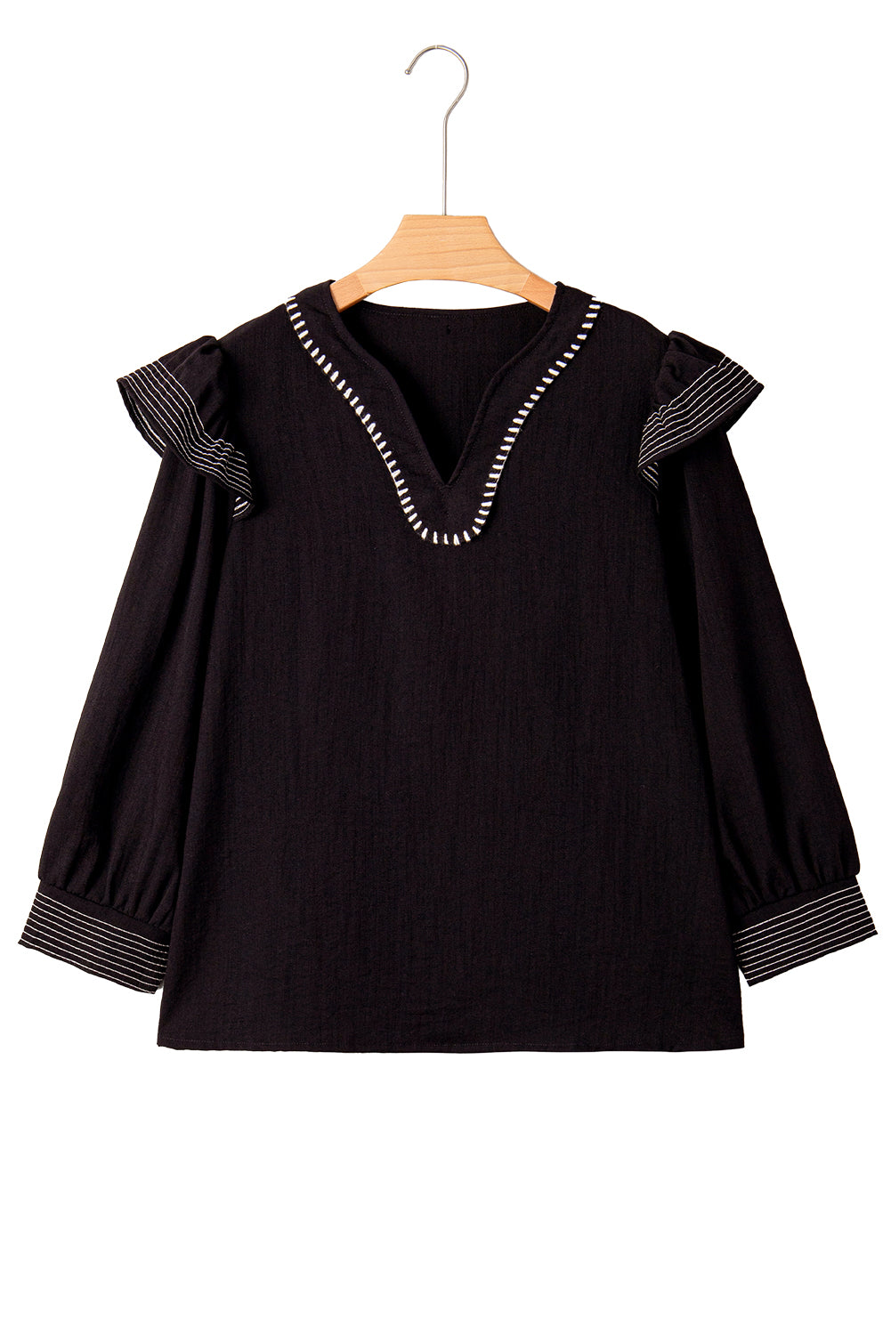 Black Contrast Stitched Detail V Neck Ruffle Long Sleeve Blouse-Tops/Blouses & Shirts-[Adult]-[Female]-2022 Online Blue Zone Planet