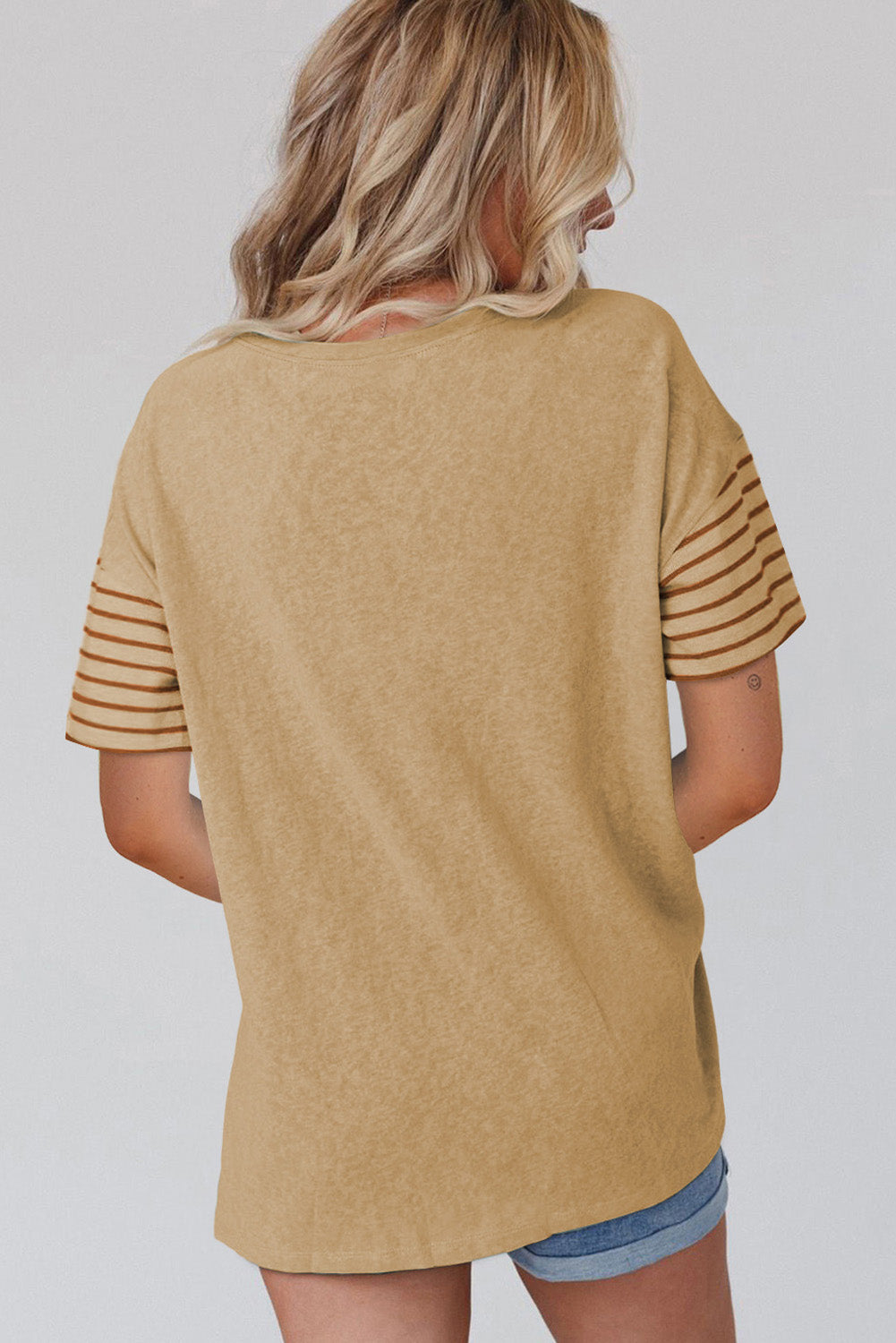 Tan Color Block Striped Detail Loose T Shirt-Tops/Tops & Tees-[Adult]-[Female]-2022 Online Blue Zone Planet