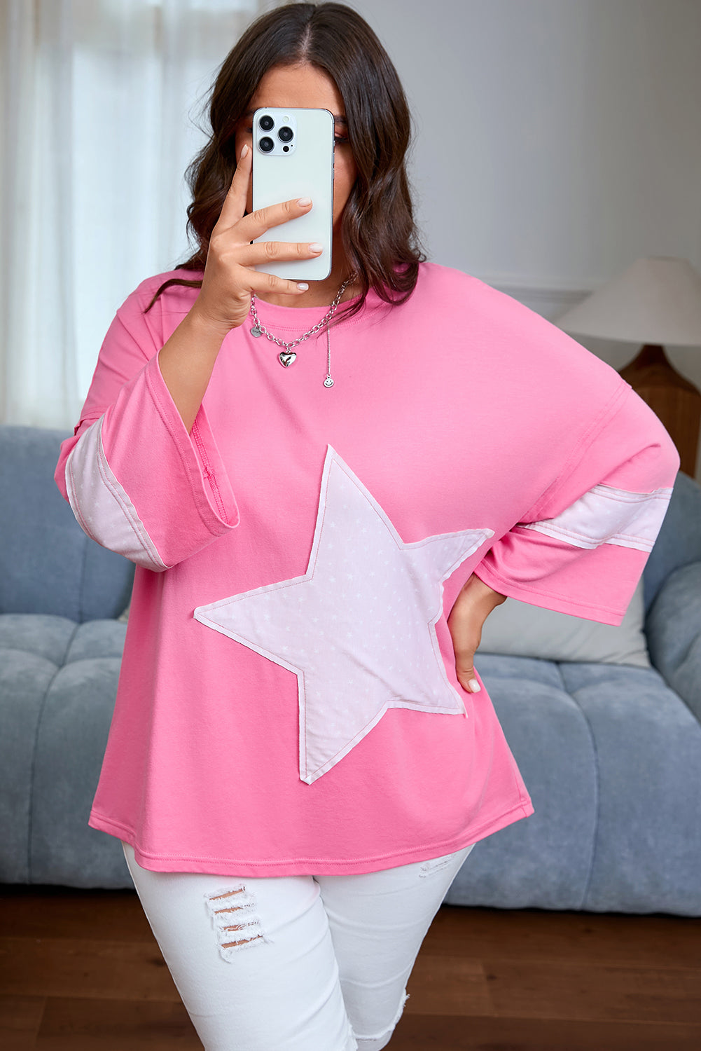 Pink Star Patched Colorblock Raw Edge Bracelet Sleeve Plus Size Loose Tee-Bracelet-[Adult]-[Female]-2022 Online Blue Zone Planet