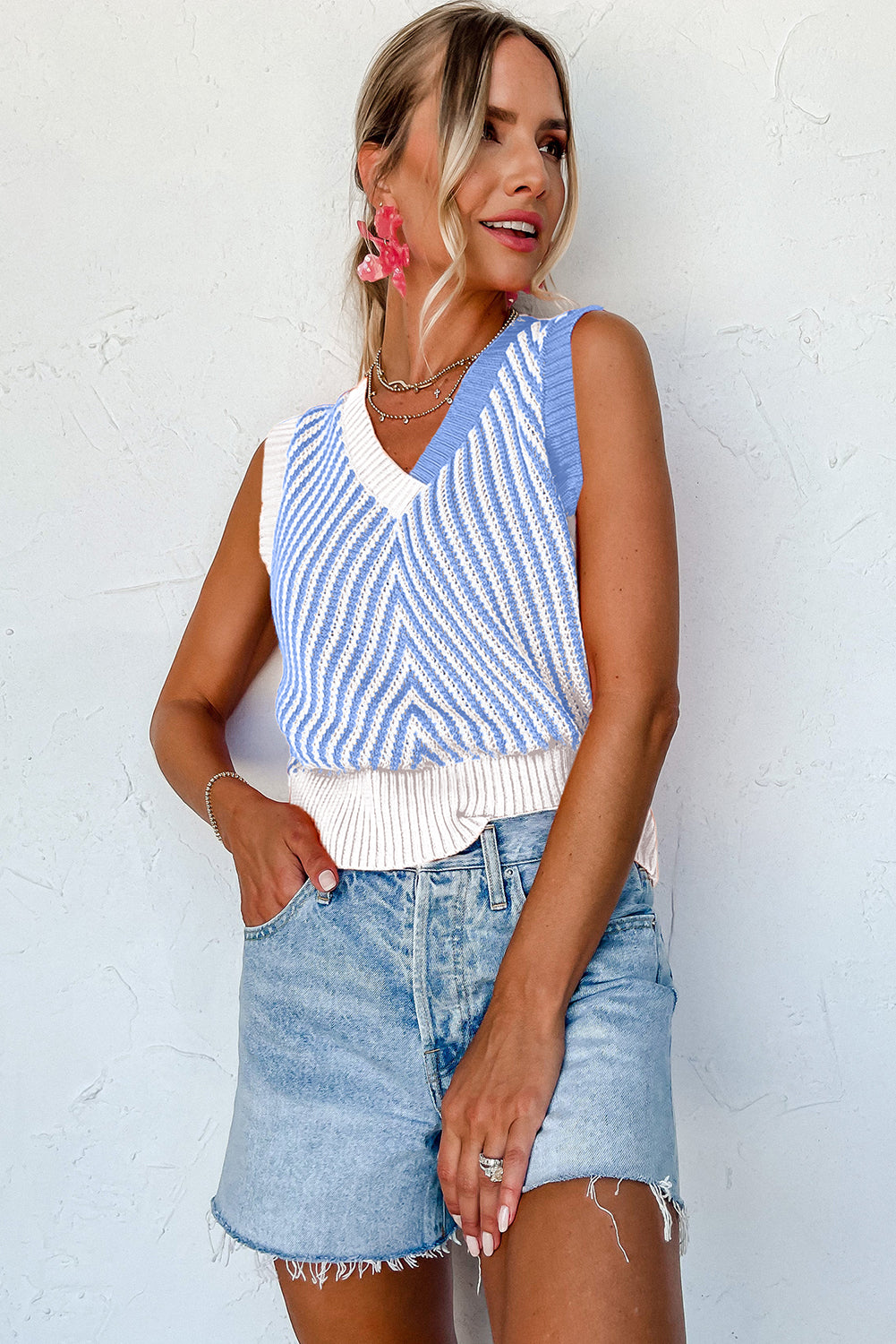 Sky Blue Contrast Chevron Knit V Neck Sweater Vest-Sweaters & Cardigans/Sweater Vests-[Adult]-[Female]-2022 Online Blue Zone Planet