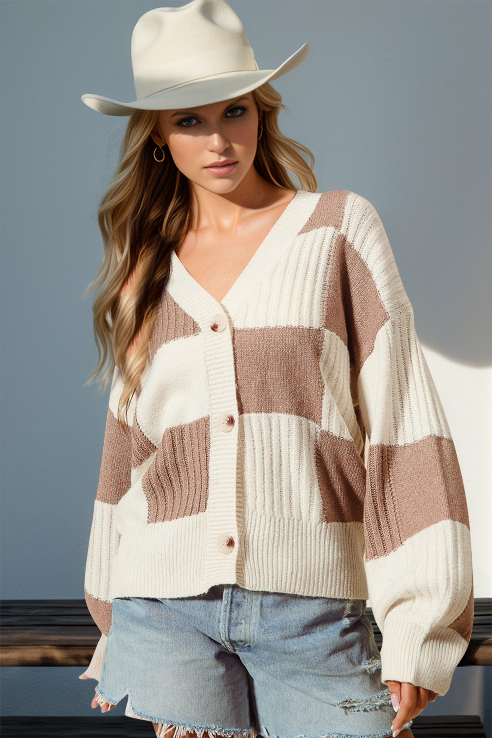 Double Take Full Size Checkered Dropped Shoulder Cardigan-TOPS / DRESSES-[Adult]-[Female]-Mocha-S/M-2022 Online Blue Zone Planet