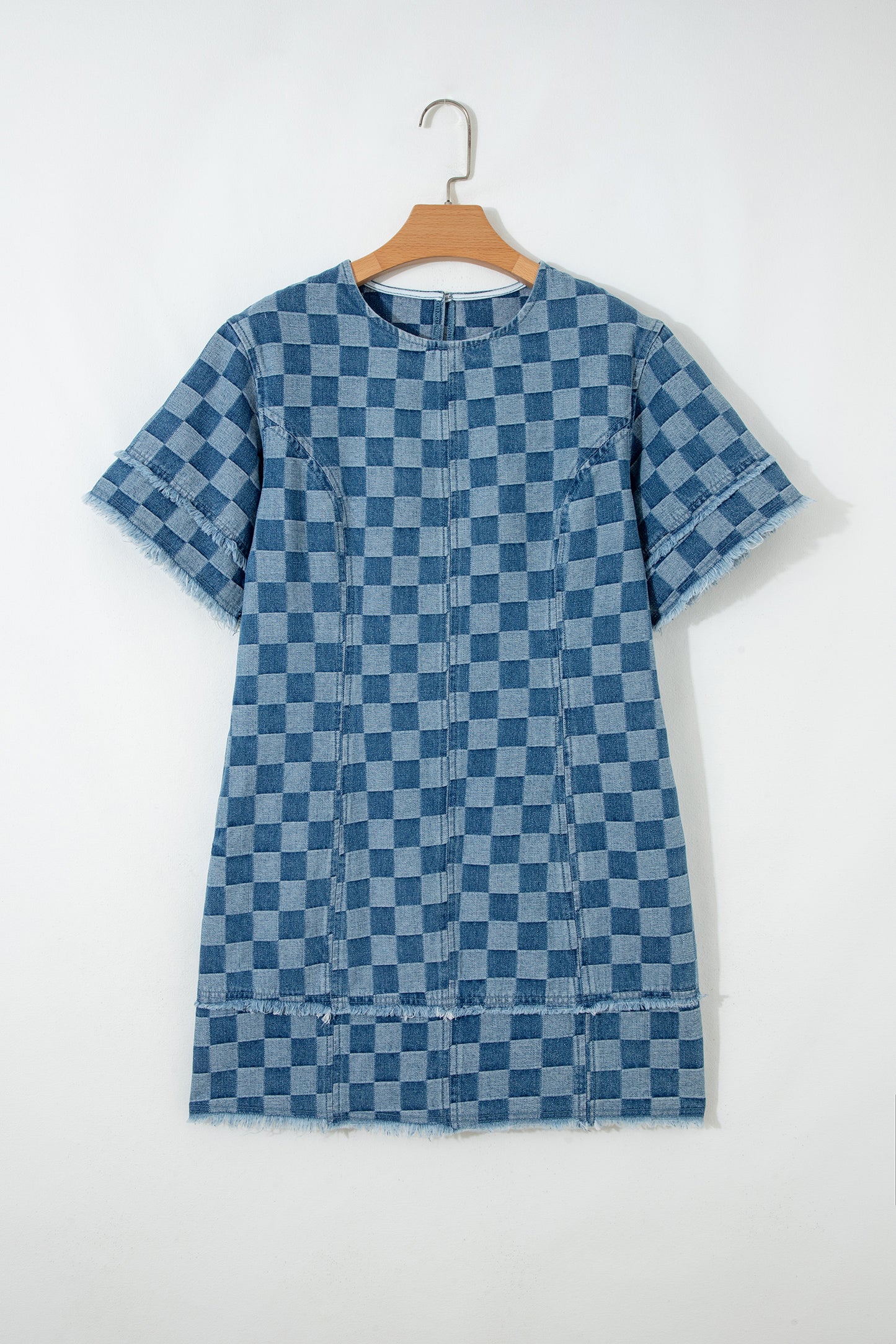 Sky Blue Frayed Hem Checkered Denim Mini Dress-TOPS / DRESSES-[Adult]-[Female]-2022 Online Blue Zone Planet