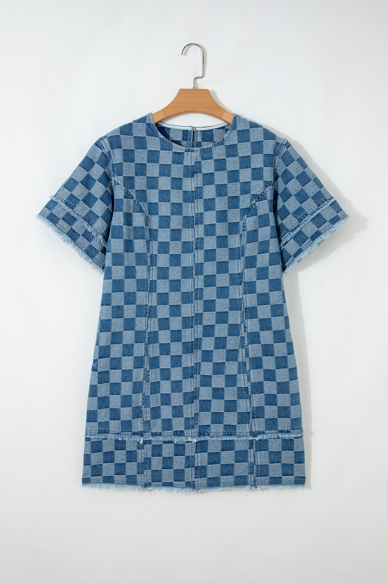 Sky Blue Frayed Hem Checkered Denim Mini Dress-TOPS / DRESSES-[Adult]-[Female]-2022 Online Blue Zone Planet
