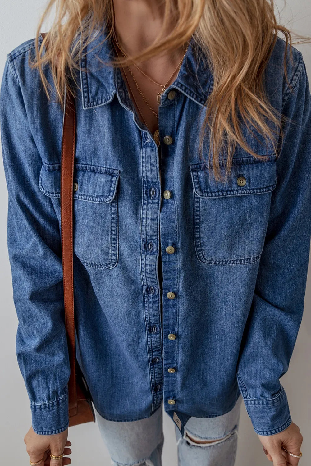 Button Up Long Sleeve Denim Jacket-TOPS / DRESSES-[Adult]-[Female]-2022 Online Blue Zone Planet