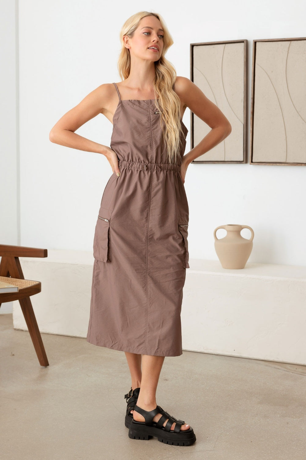 Le Lis Adjustable Strap Waist Drawstring Cargo Midi Dress-TOPS / DRESSES-[Adult]-[Female]-Mocha-XS-2022 Online Blue Zone Planet