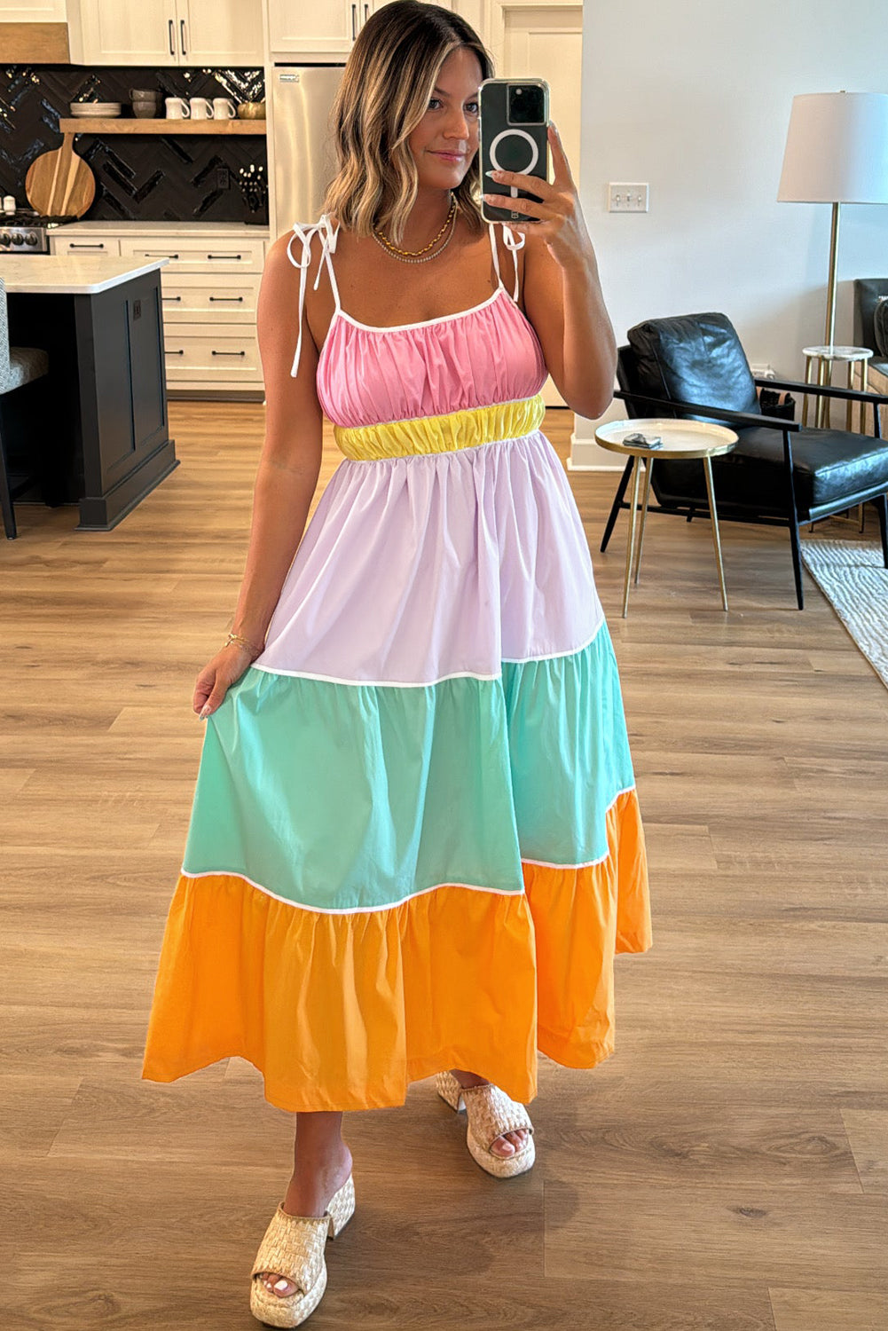Multicolour Colorblock Self-tie Straps High Waist Flowy Maxi Dress with Pockets-Dresses/Maxi Dresses-[Adult]-[Female]-2022 Online Blue Zone Planet