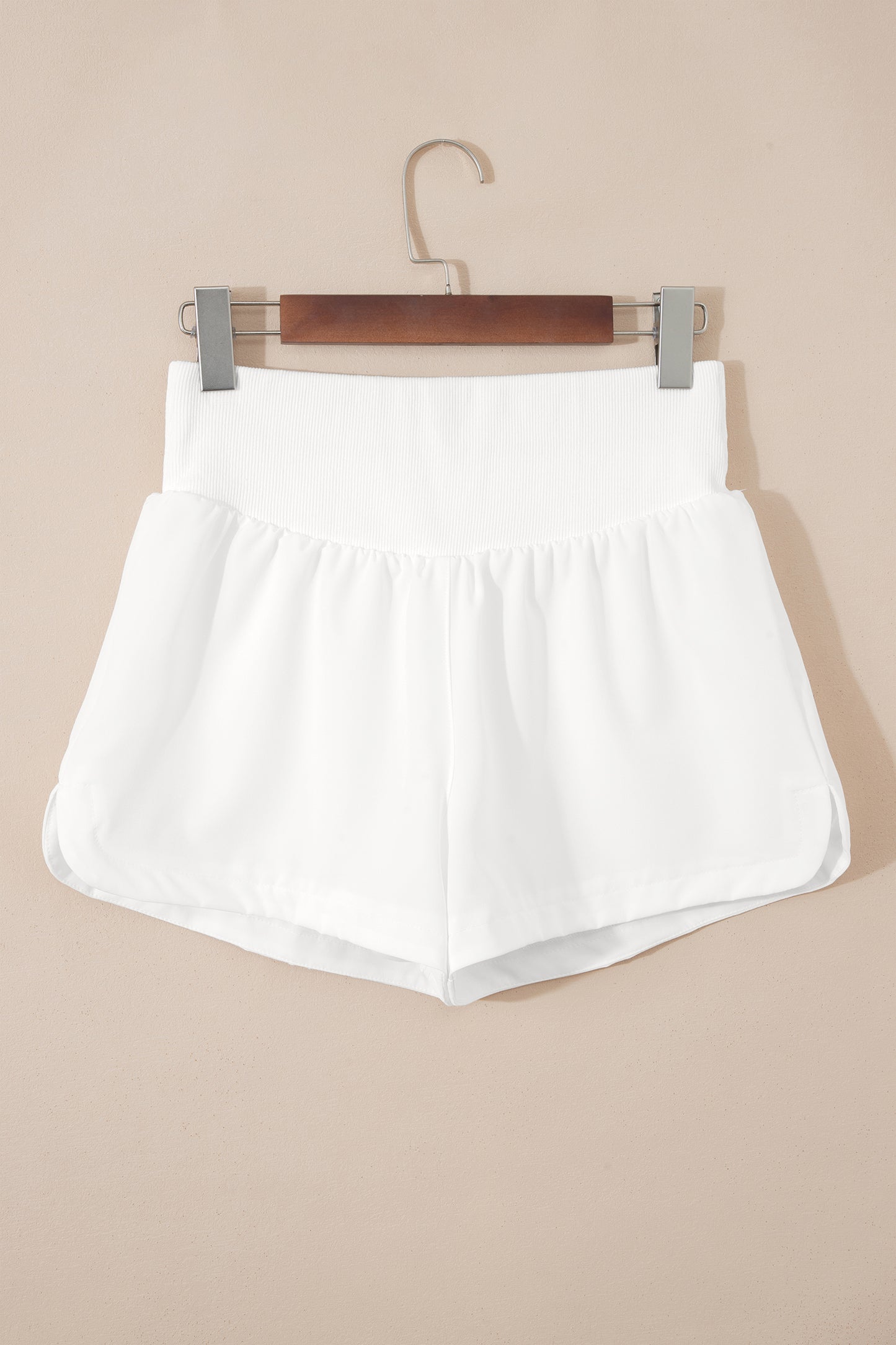 White Solid Color Ribbed Patchwork High Waist Athletic Shorts-Bottoms/Casual Shorts-[Adult]-[Female]-2022 Online Blue Zone Planet