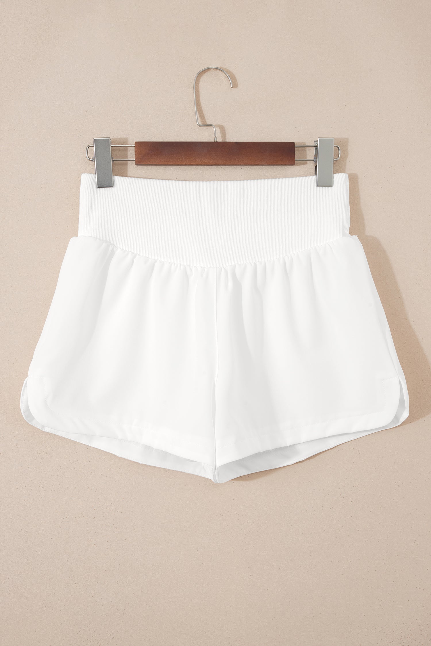 White Solid Color Ribbed Patchwork High Waist Athletic Shorts-Bottoms/Casual Shorts-[Adult]-[Female]-2022 Online Blue Zone Planet
