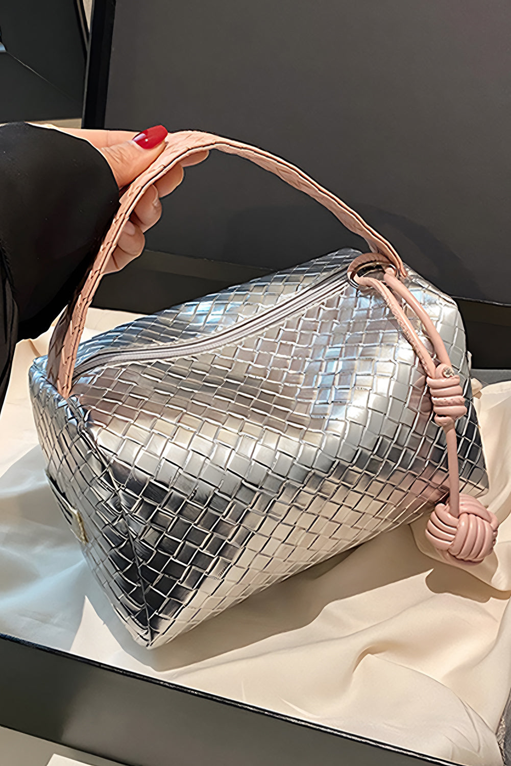 Silvery Lattice Texture Corded Ball Decor Weaven Handle Cosmetic Bag-Bags-[Adult]-[Female]-Silvery-ONE SIZE-2022 Online Blue Zone Planet