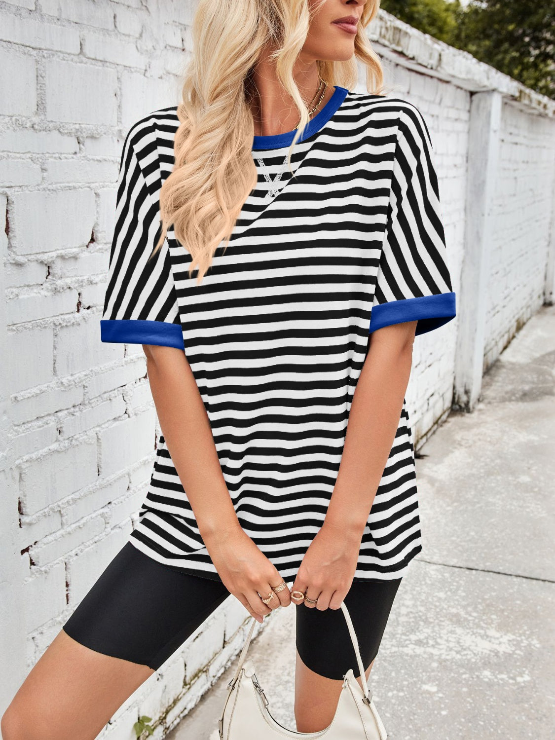 Lovelet Striped Round Neck Half Sleeve T-Shirt-TOPS / DRESSES-[Adult]-[Female]-2022 Online Blue Zone Planet