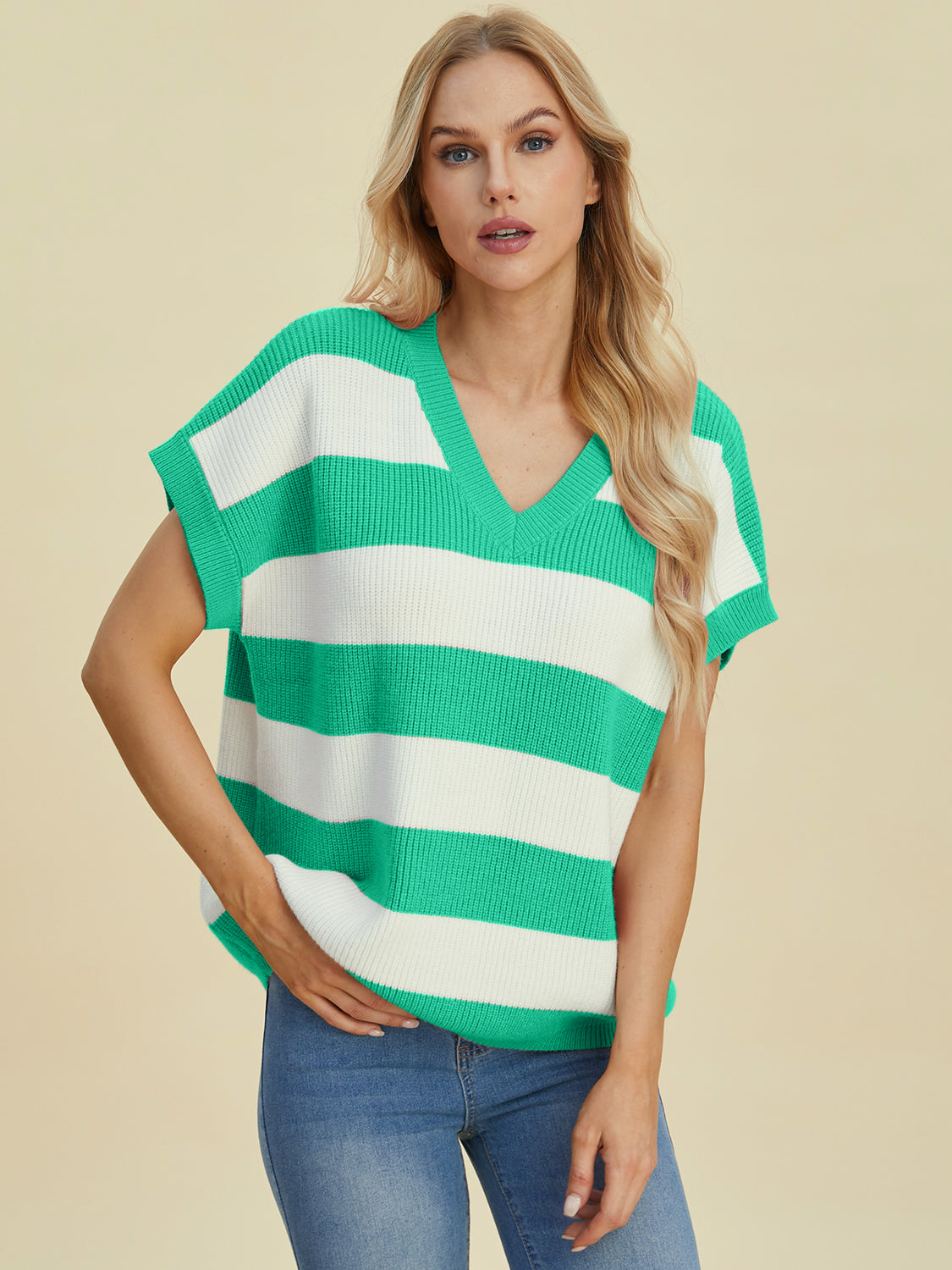 Double Take Full Size Striped V-Neck Short Sleeve Sweater-TOPS / DRESSES-[Adult]-[Female]-Turquoise-S-2022 Online Blue Zone Planet