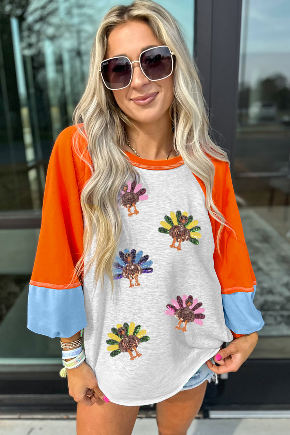 Light Grey Thanksgiving Turkey Sequin Graphic Color Block Long Raglan Sleeve Top-Graphic/Graphic Long Sleeve Tees-[Adult]-[Female]-2022 Online Blue Zone Planet