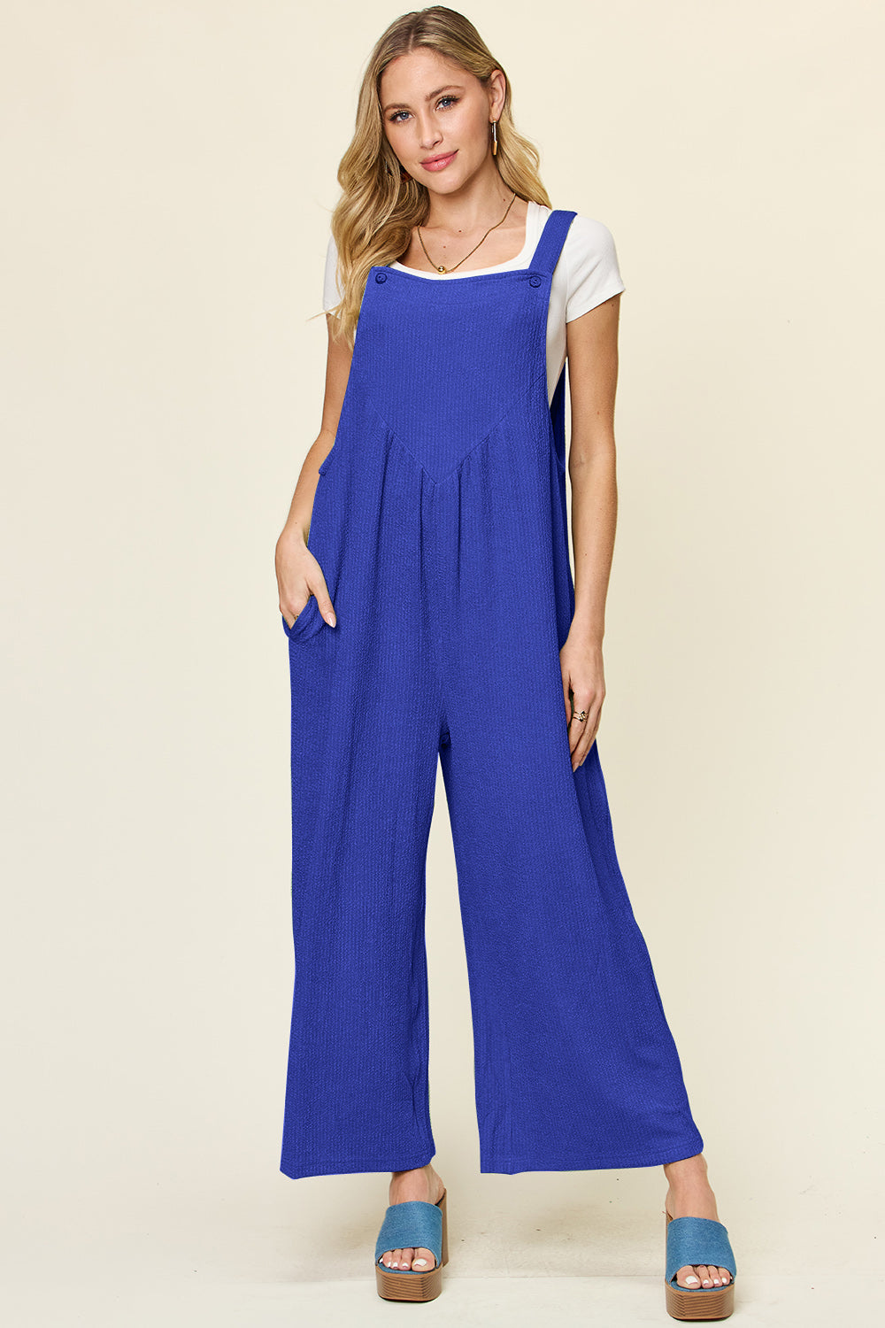 Blue Zone Planet | Double Take Full Size Texture Sleeveless Wide Leg Overall-TOPS / DRESSES-[Adult]-[Female]-Royal Blue-S-2022 Online Blue Zone Planet