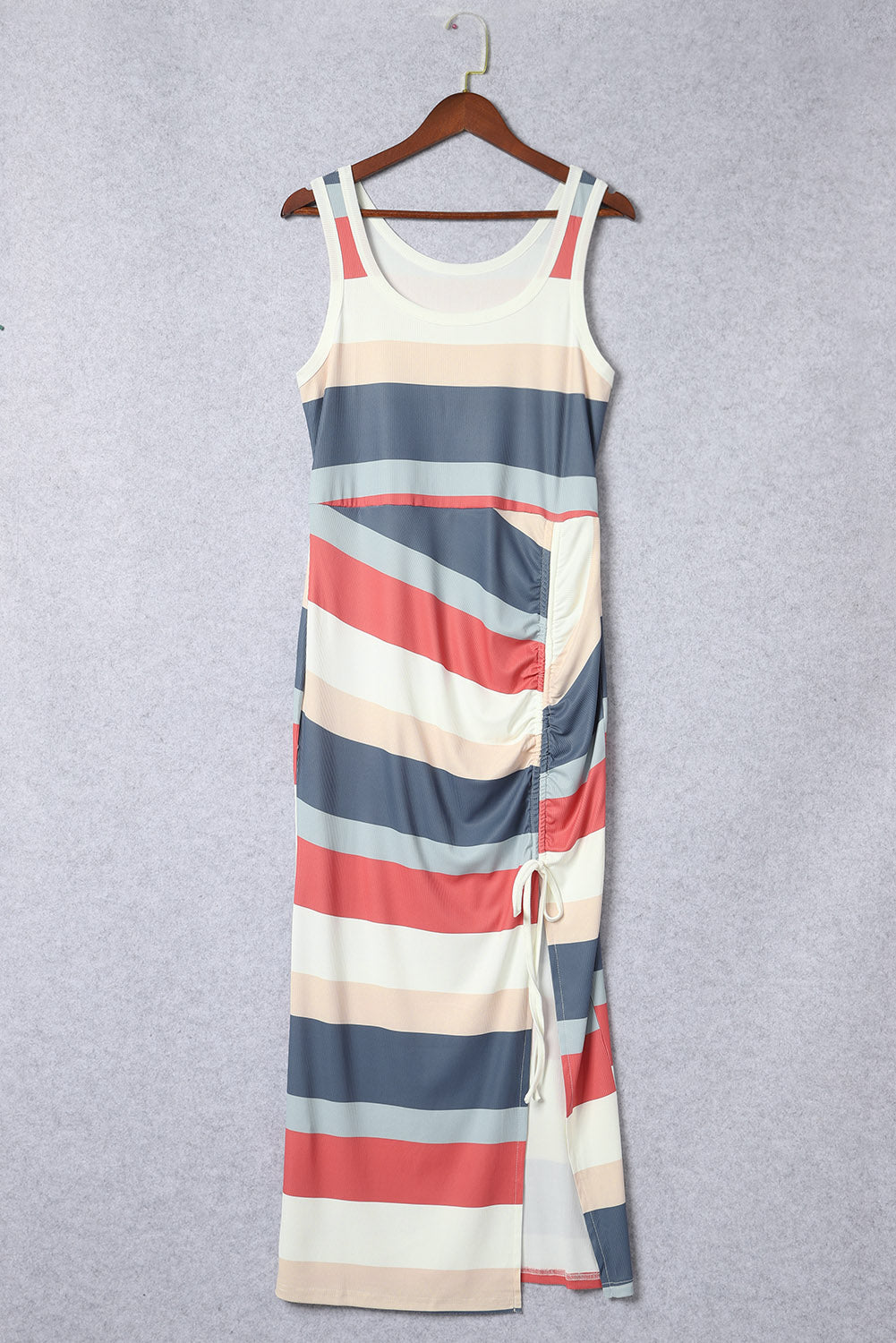 Blue Zone Planet |  Multicolor Striped Color Block Ribbed Knit Lace-up Slit Tank Dress Blue Zone Planet