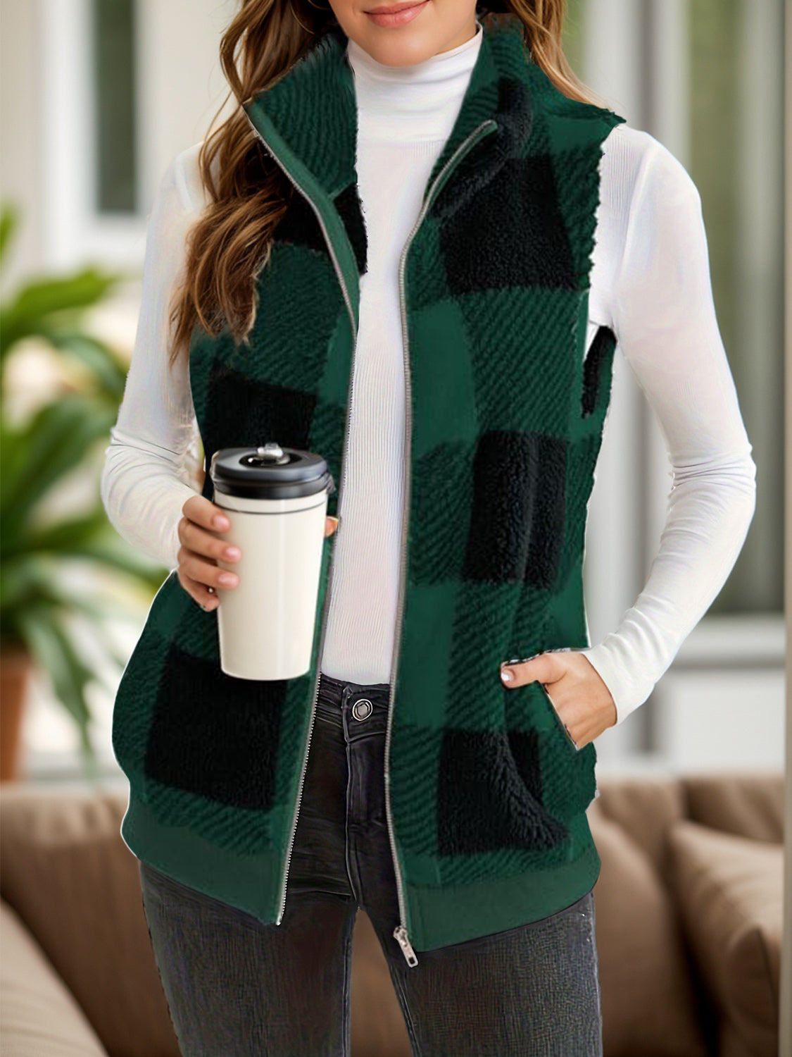 Full Size Pocketed Plaid Vest Coat-TOPS / DRESSES-[Adult]-[Female]-Dark Green-S-2022 Online Blue Zone Planet