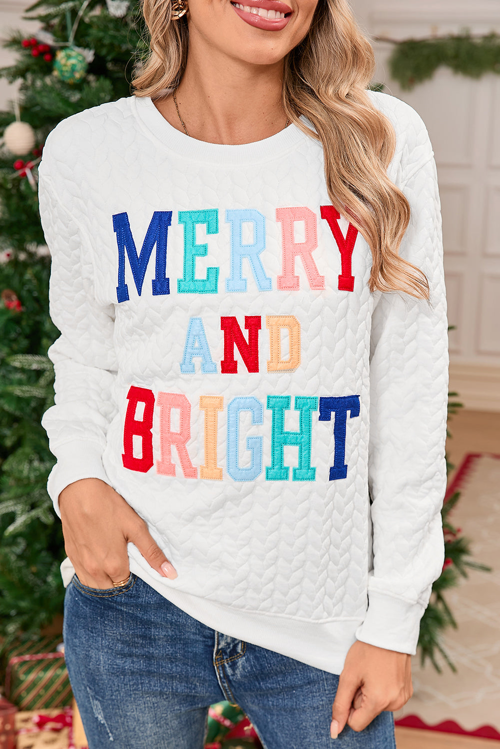 White Merry and Bright Quilted Sweatshirt-Sweatshirts & Hoodies-[Adult]-[Female]-2022 Online Blue Zone Planet