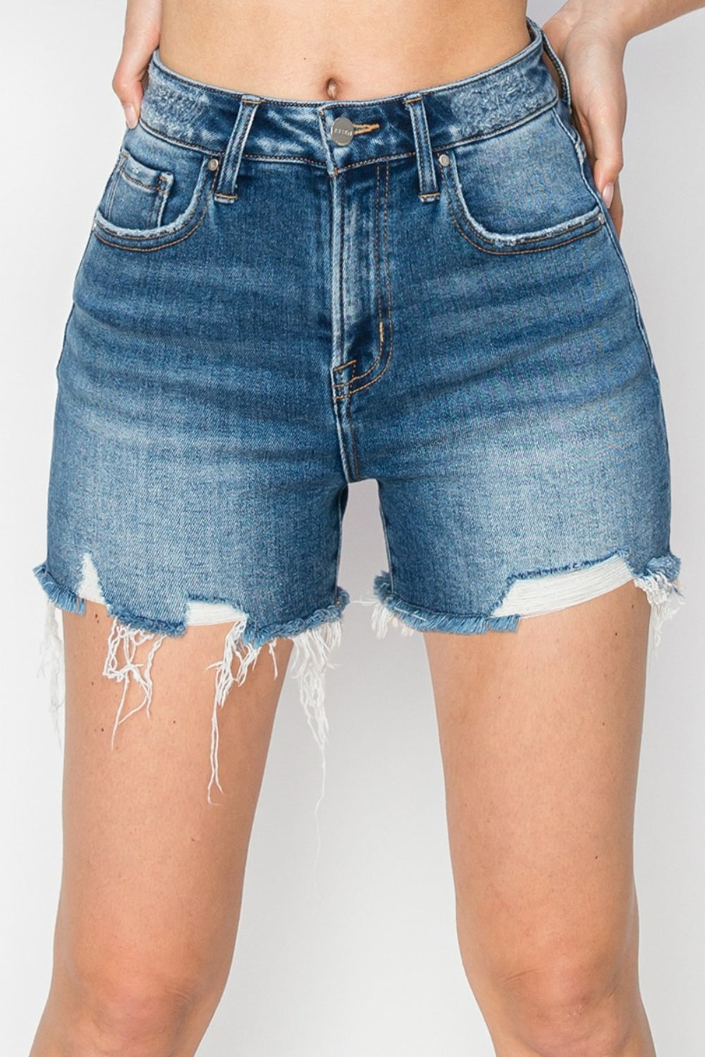 Blue Zone Planet | RISEN High Rise Raw Hem Distressed Denim Shorts-TOPS / DRESSES-[Adult]-[Female]-2022 Online Blue Zone Planet