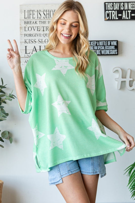 Blue Zone Planet | HOPELY Star Pattern Oversized Waffle T-Shirt-TOPS / DRESSES-[Adult]-[Female]-Light Green-S-2022 Online Blue Zone Planet