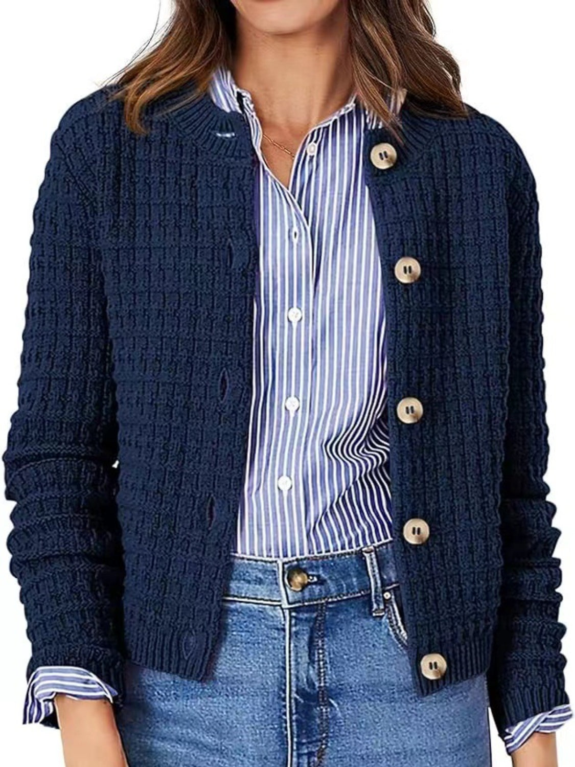 Button Up Round Neck Long Sleeve Cardigan-TOPS / DRESSES-[Adult]-[Female]-2022 Online Blue Zone Planet