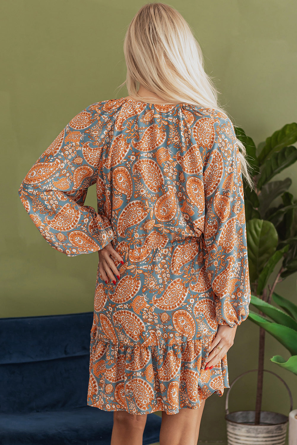Blue Zone Planet | Orange Paisley Print Loose Fit Drawstring High Waist Mini Dress-TOPS / DRESSES-[Adult]-[Female]-2022 Online Blue Zone Planet
