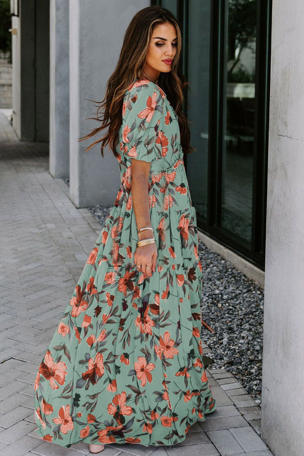 Green Fiery Floral Print Frilled V Neck Short Sleeve Maxi Dress-Dresses/Maxi Dresses-[Adult]-[Female]-2022 Online Blue Zone Planet