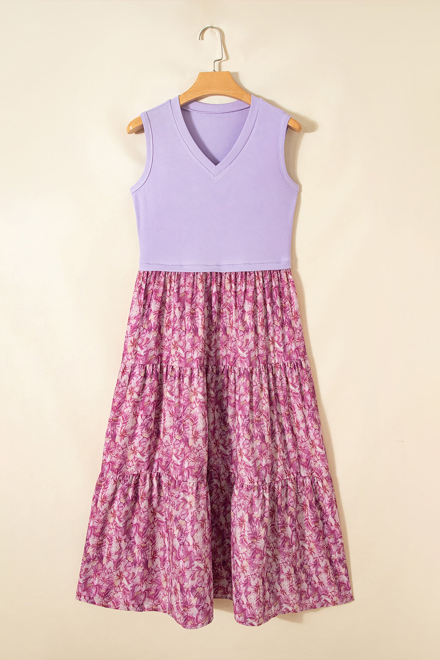 Purple Ribbed V Neck Tank Floral Contrast Patchwork Long Dress-TOPS / DRESSES-[Adult]-[Female]-2022 Online Blue Zone Planet
