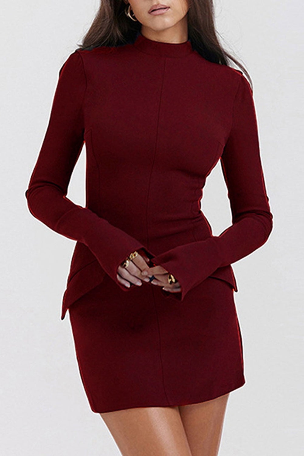 Mock Neck Long Sleeve Mini Dress-TOPS / DRESSES-[Adult]-[Female]-Burgundy-XS-2022 Online Blue Zone Planet