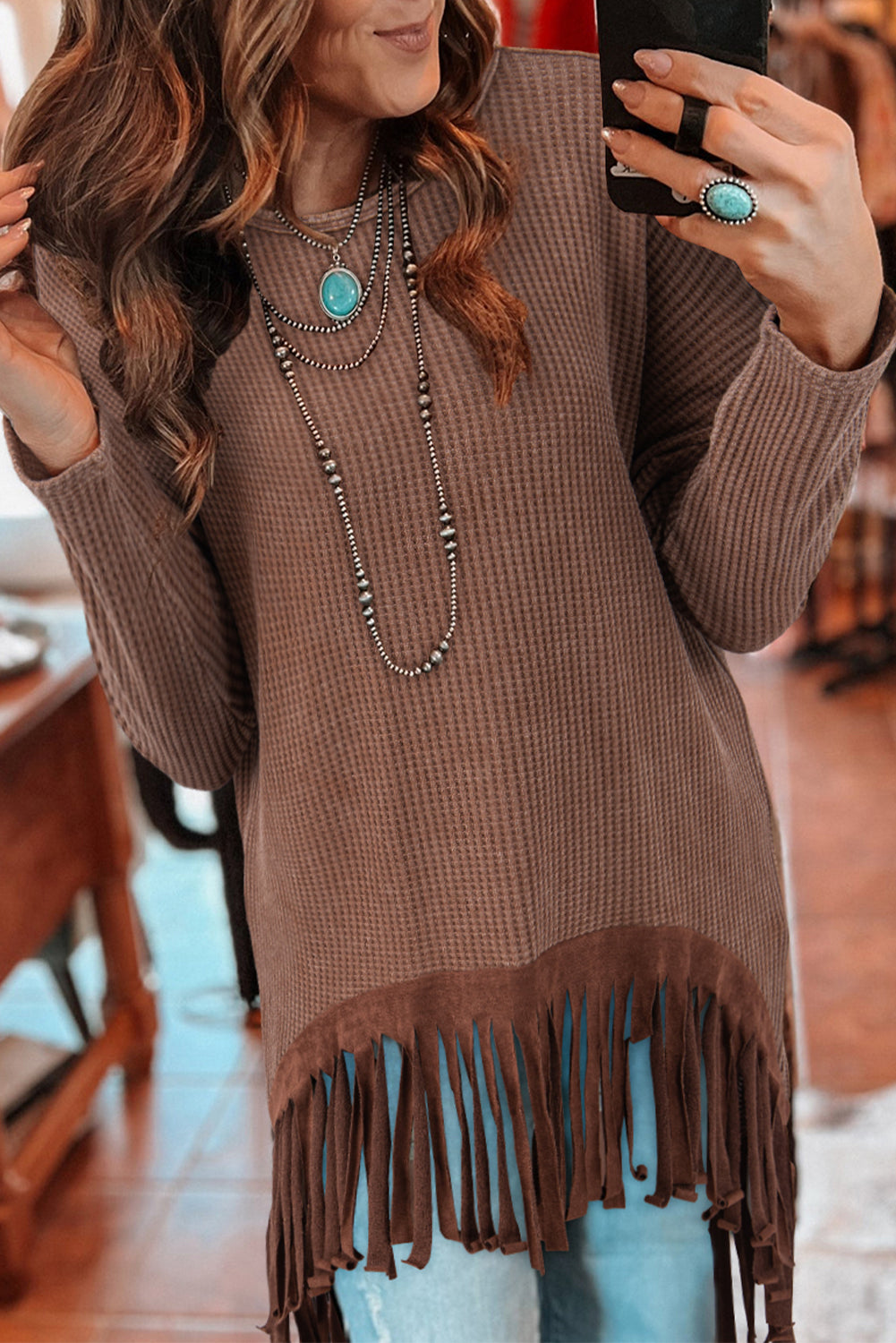 Coffee Waffle Knit Fringed High Low Loose Top-Tops/Long Sleeve Tops-[Adult]-[Female]-Coffee-S-2022 Online Blue Zone Planet