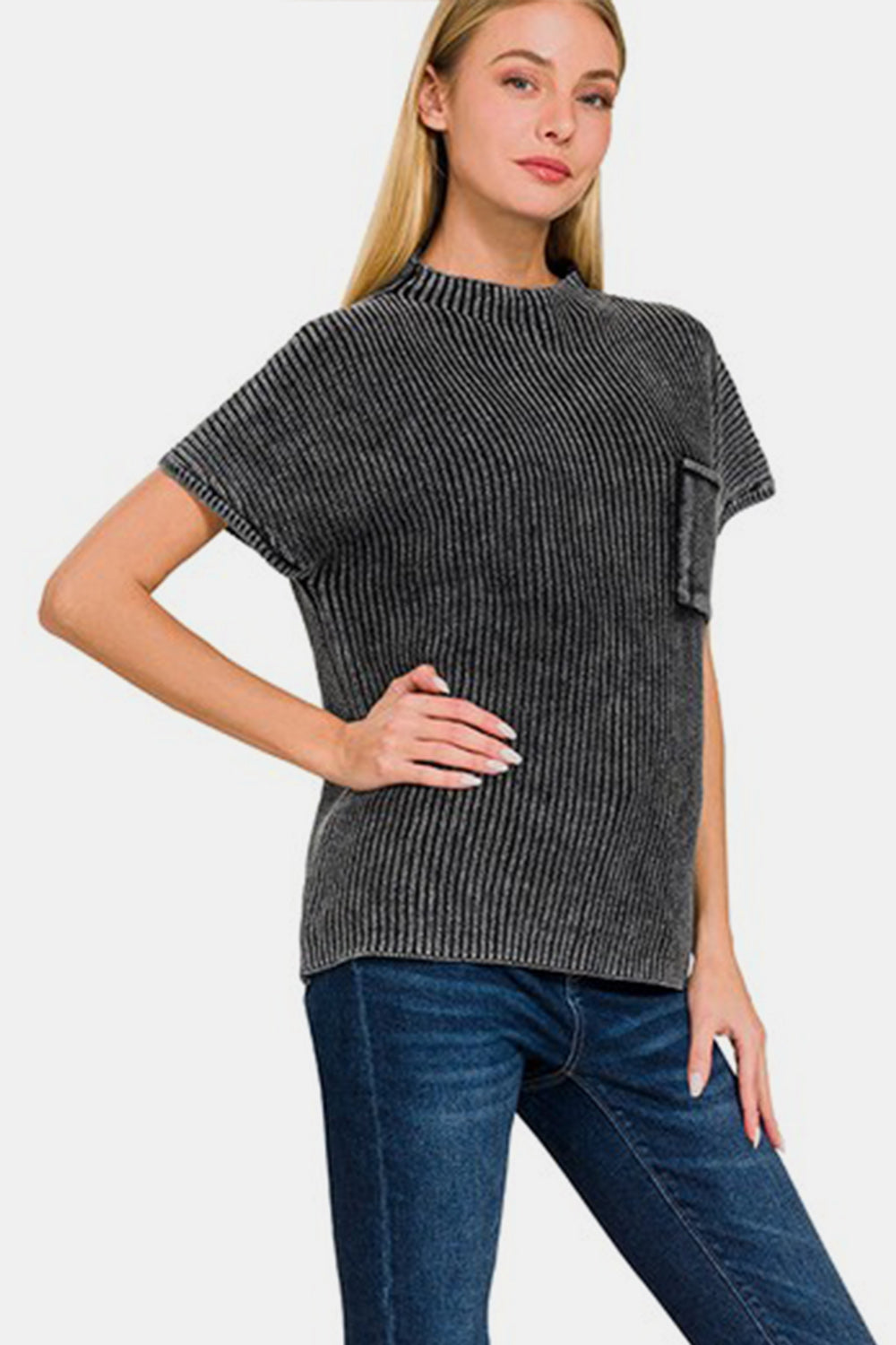 Blue Zone Planet | Zenana Pocketed Mock Neck Short Sleeve Sweater-TOPS / DRESSES-[Adult]-[Female]-2022 Online Blue Zone Planet