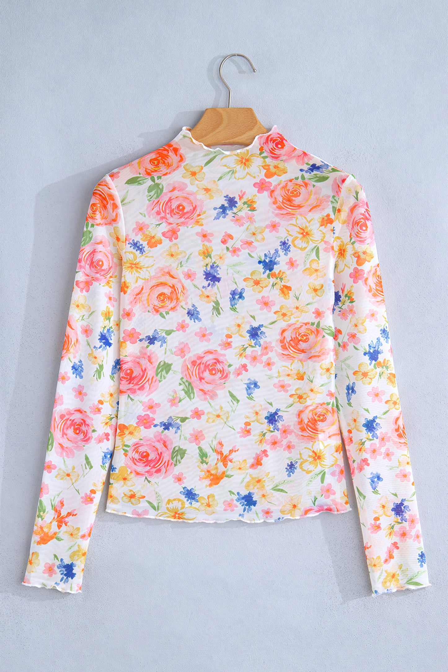 White Lettuce Trim Floral Print Sheer Mesh Long Sleeve Top-Tops/Long Sleeve Tops-[Adult]-[Female]-2022 Online Blue Zone Planet