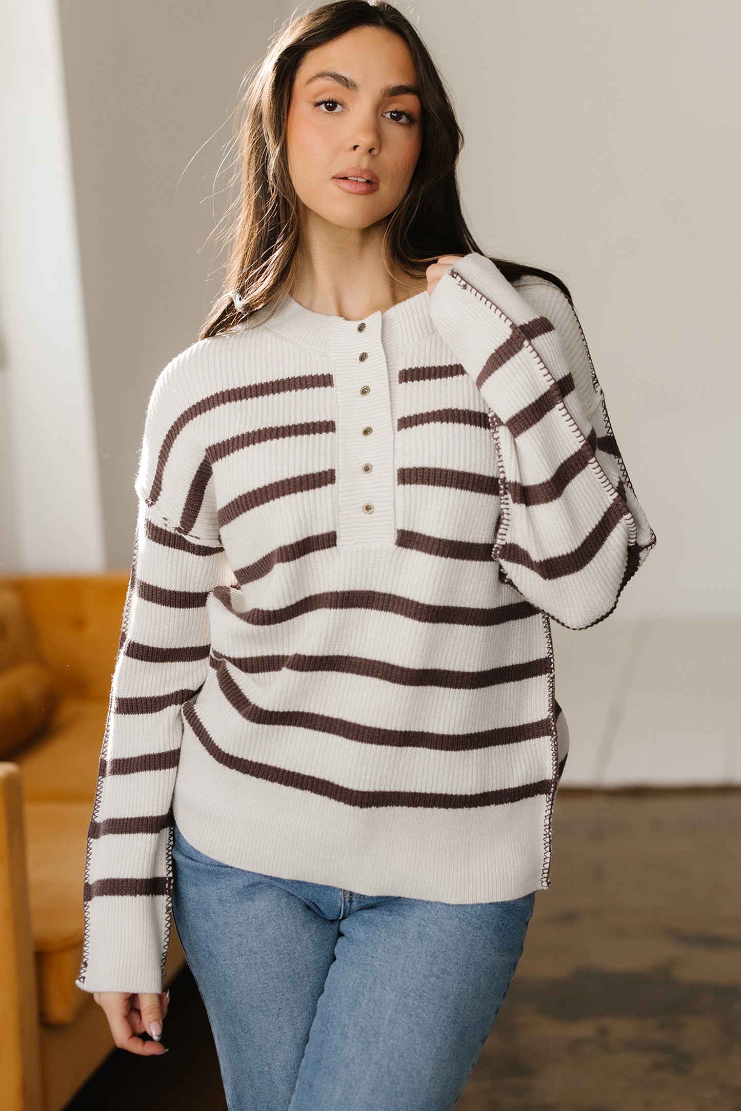 Brown Stripe Ribbed Henley Drop Shoulder Slouchy Sweater-TOPS / DRESSES-[Adult]-[Female]-2022 Online Blue Zone Planet