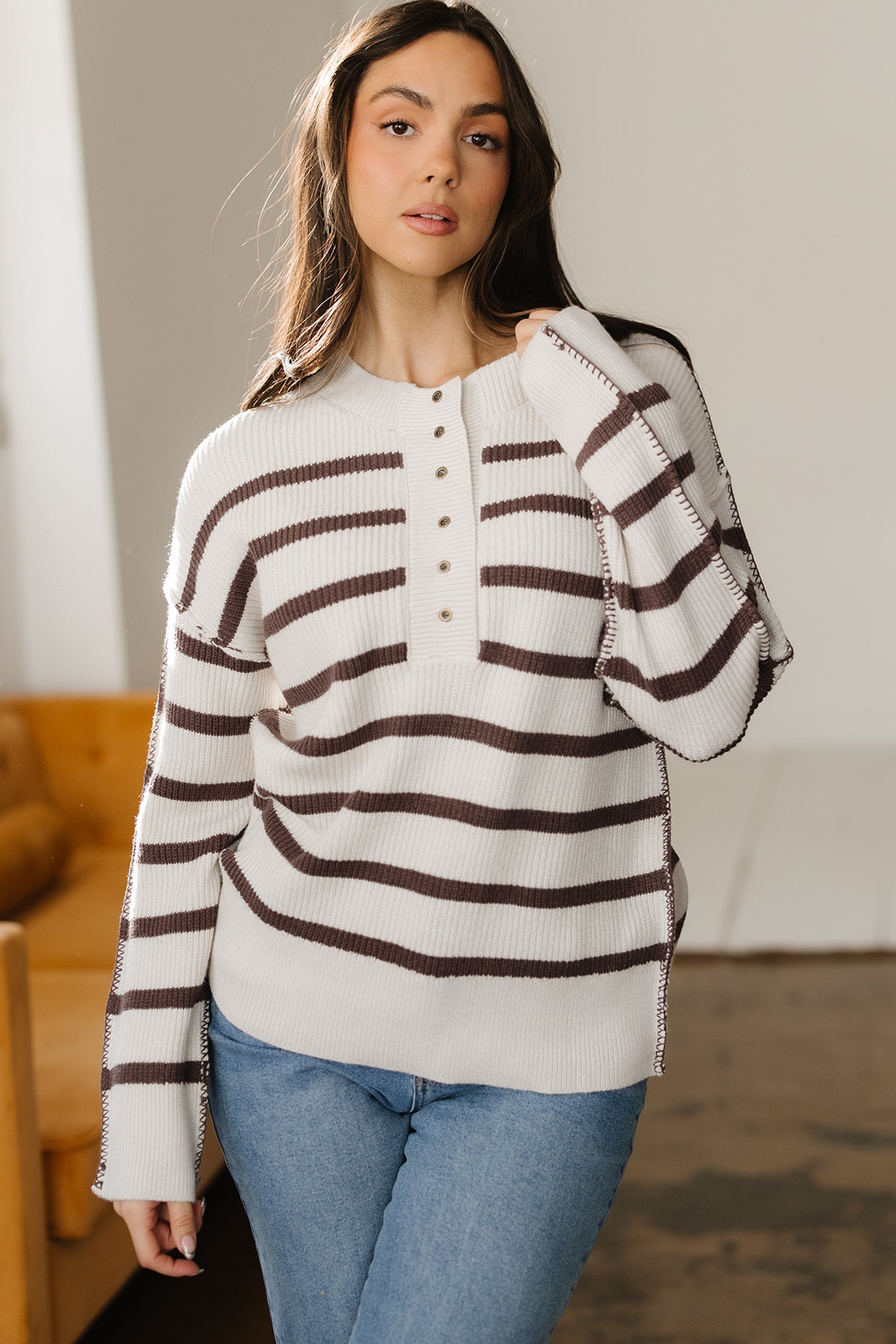 Brown Stripe Ribbed Henley Drop Shoulder Slouchy Sweater-TOPS / DRESSES-[Adult]-[Female]-2022 Online Blue Zone Planet