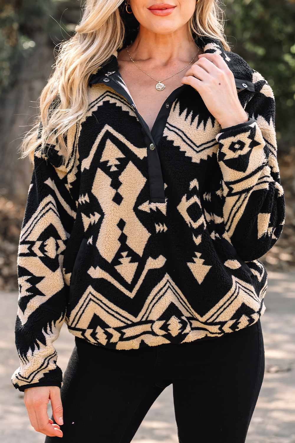 Black Western Aztec Half Zip Plush Sweatshirt-Tops/Sweatshirts & Hoodies-[Adult]-[Female]-2022 Online Blue Zone Planet