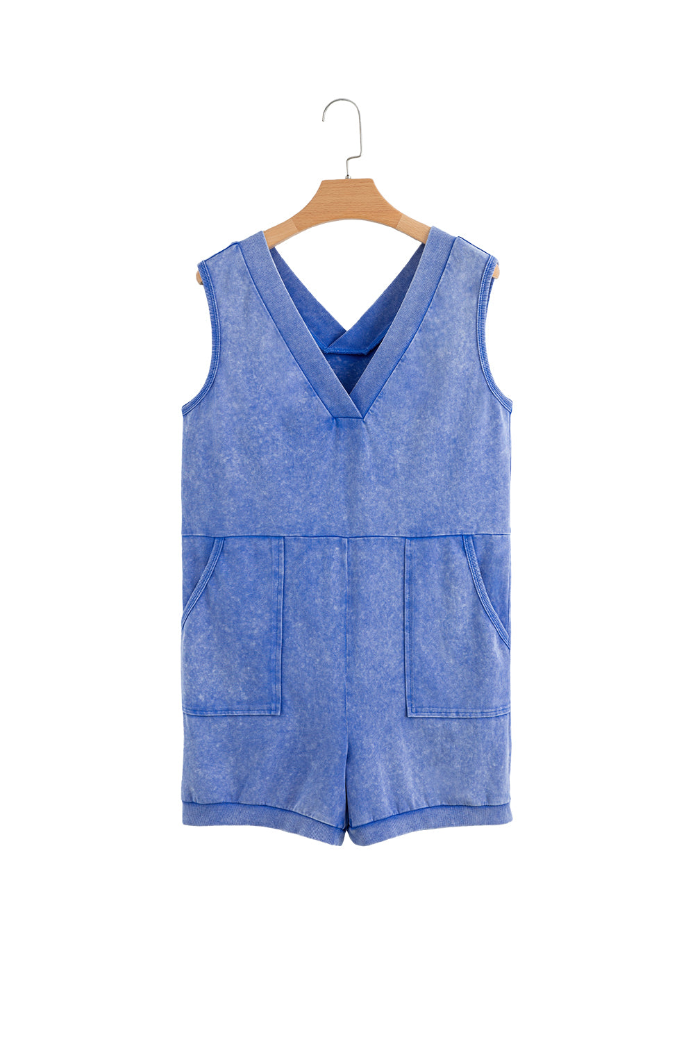 Sky Blue Mineral Wash Pocketed Sleeveless V Neck Loose Romper-Bottoms/Jumpsuits & Rompers-[Adult]-[Female]-2022 Online Blue Zone Planet